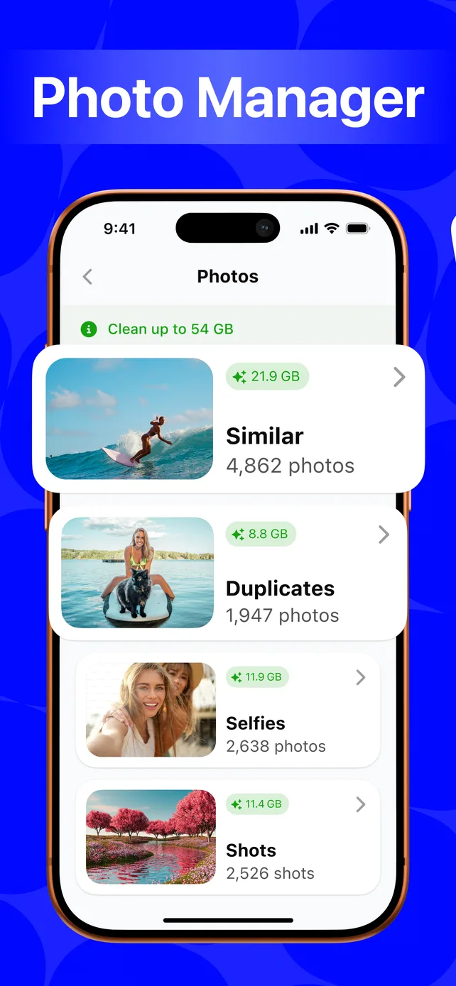 Sweepo Photo Manager screen showing Similar, Duplicates, Selfies and Shots categories